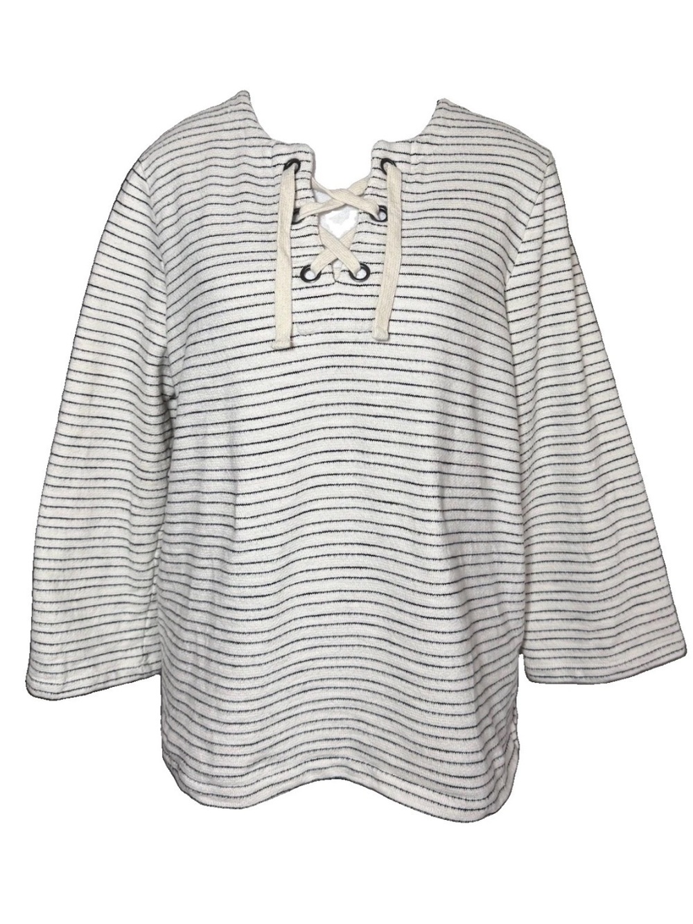 Madewell Striped Lace Up Pullover Top Women Large Cream Black Cotton Coastal - Picture 2 of 9